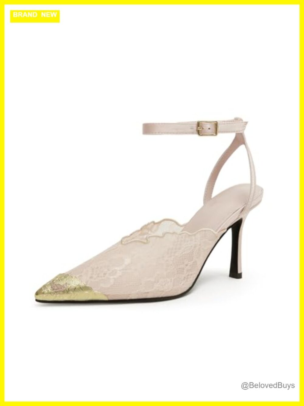 Maxlolly Women's Lace Stiletto Pumps Gold Cap Toe Ankle Strap Wedding Heels